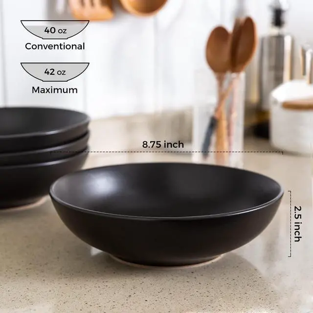 Alt view image 2 of 7 - 8.75 Large Pasta Bowls, 42 ounce Deep Stoneware Bowls Set of 4 for Kitchen, Wide Bowl for Pasta/Salad/Fruit/Oatmeal/Soup, Microwave&Dishwasher Safe-Matte Black