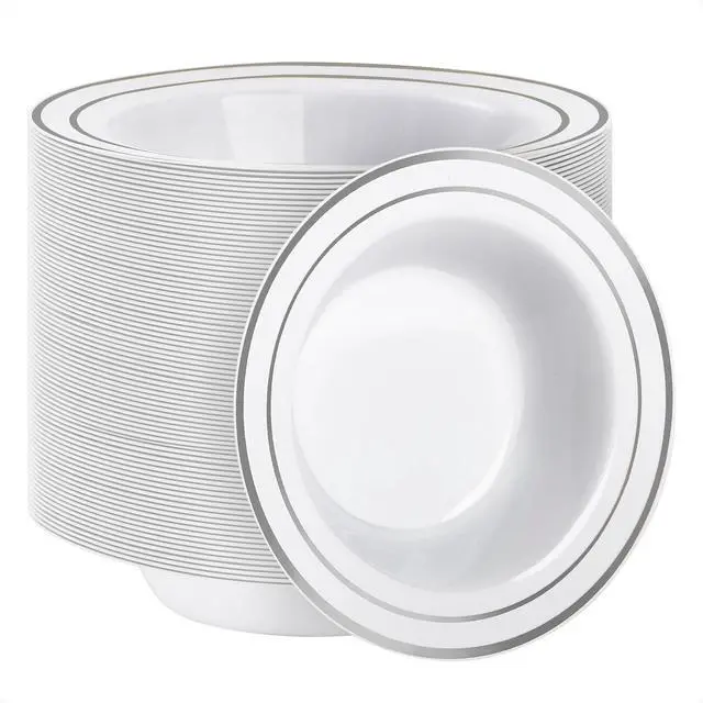 Main image of 100 Pack Plastic Bowls with Silver Rim, 12oz Disposable Soup Bowls, Heavy Duty Dessert Bowls for Weddings, Parties, Dinners, Catering, and Everyday Use