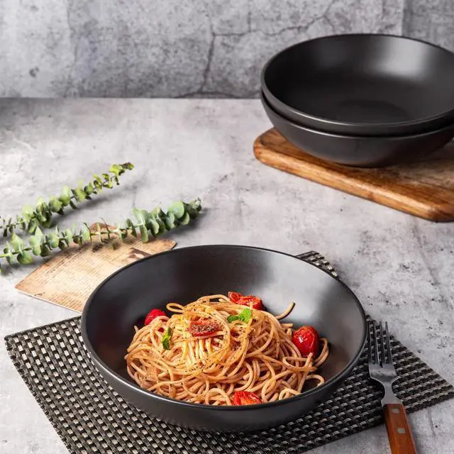 Alt view image 5 of 7 - 8.75 Large Pasta Bowls, 42 ounce Deep Stoneware Bowls Set of 4 for Kitchen, Wide Bowl for Pasta/Salad/Fruit/Oatmeal/Soup, Microwave&Dishwasher Safe-Matte Black