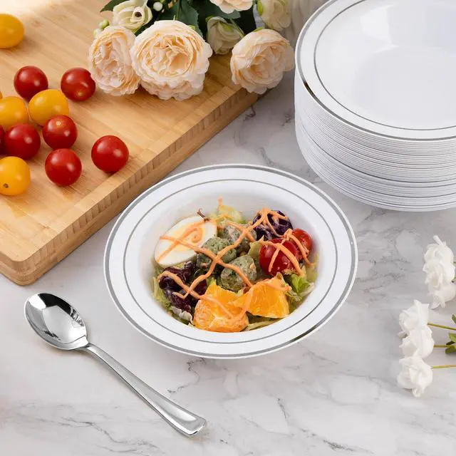 Alt view image 3 of 7 - 100 Pack Plastic Bowls with Silver Rim, 12oz Disposable Soup Bowls, Heavy Duty Dessert Bowls for Weddings, Parties, Dinners, Catering, and Everyday Use