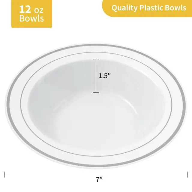 Alt view image 4 of 7 - 100 Pack Plastic Bowls with Silver Rim, 12oz Disposable Soup Bowls, Heavy Duty Dessert Bowls for Weddings, Parties, Dinners, Catering, and Everyday Use