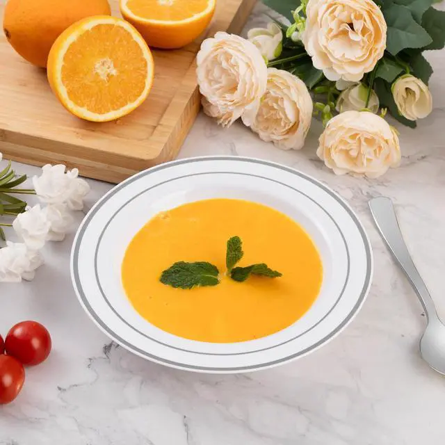 Alt view image 5 of 7 - 100 Pack Plastic Bowls with Silver Rim, 12oz Disposable Soup Bowls, Heavy Duty Dessert Bowls for Weddings, Parties, Dinners, Catering, and Everyday Use