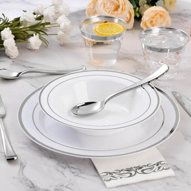 Alt view image 6 of 7 - 100 Pack Plastic Bowls with Silver Rim, 12oz Disposable Soup Bowls, Heavy Duty Dessert Bowls for Weddings, Parties, Dinners, Catering, and Everyday Use