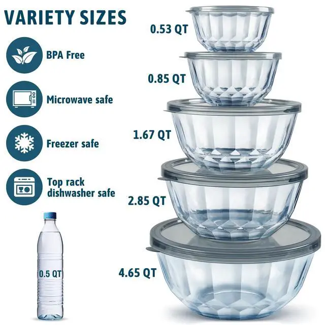 Alt view image 3 of 7 - Mixing Bowls with Airtight Lids Sets, 5 Packs Thick Glass Nesting Bowls for Kitchen Baking, Meal Prepping, Bpa Free, Dishwasher Safe, 0.5/0.8/1.6/2.7/4.4 Qt