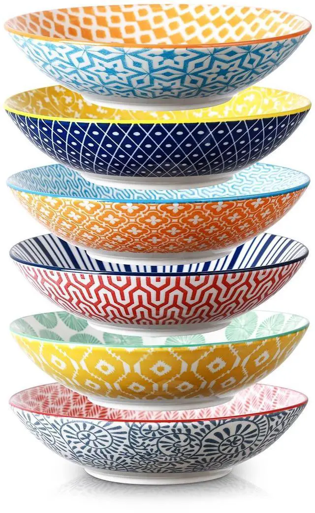 Main image of Porcelain 40oz Large Bowls 9 inch Big Pasta Salad Bowls, Microwave and Oven Safe, Colorful, Set of 6