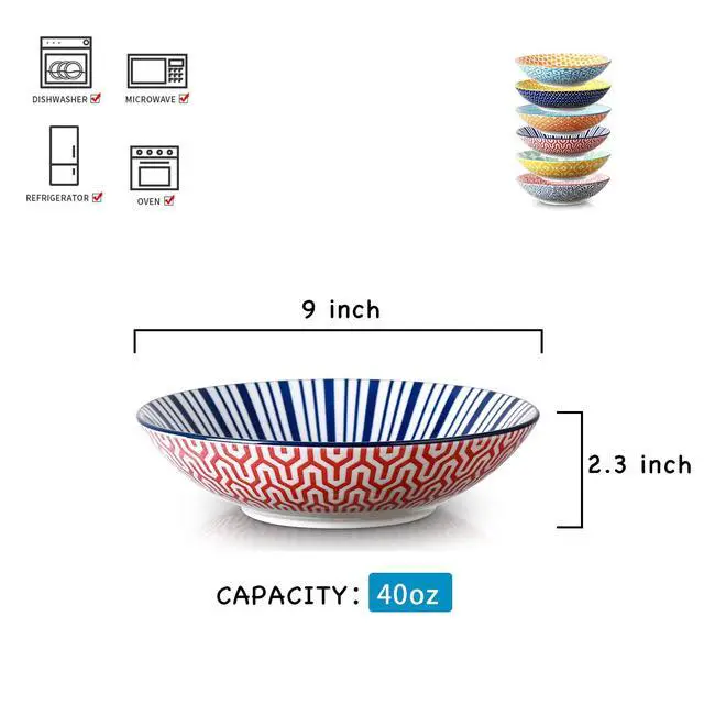 Alt view image 2 of 7 - Porcelain 40oz Large Bowls 9 inch Big Pasta Salad Bowls, Microwave and Oven Safe, Colorful, Set of 6
