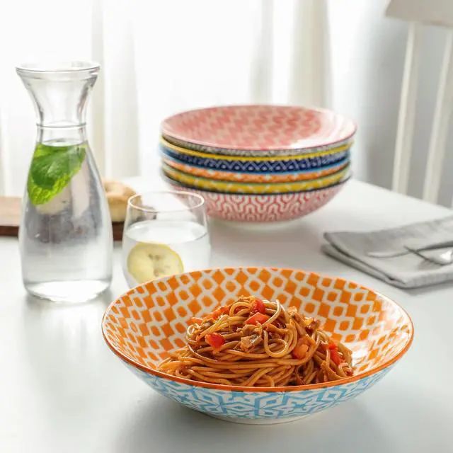Alt view image 5 of 7 - Porcelain 40oz Large Bowls 9 inch Big Pasta Salad Bowls, Microwave and Oven Safe, Colorful, Set of 6