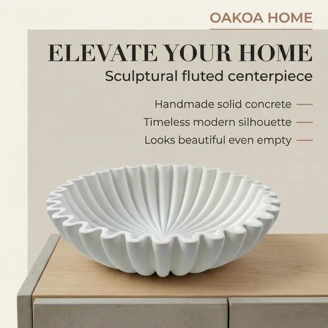 Alt view image 3 of 7 - Large Decorative Bowl - White Decorative Bowls for Home Decor - Organic Modern Home Decor Bowl - Concrete Ruffle Bowl Decor - Fluted Bowl - Scalloped Bowl