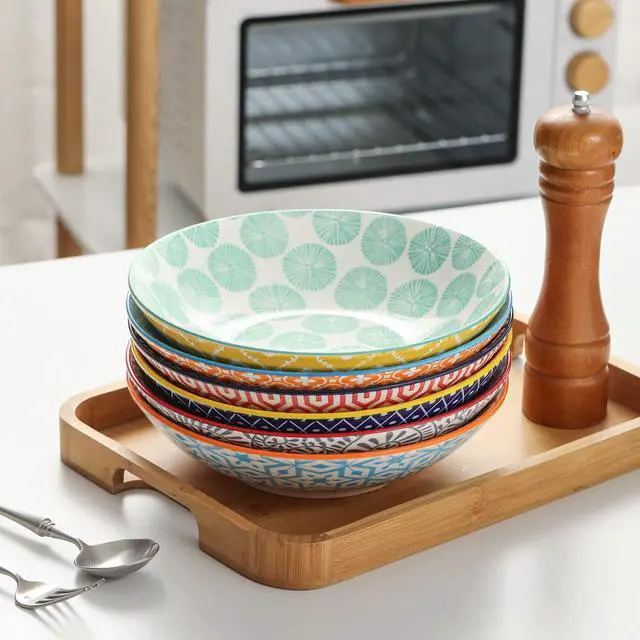 Alt view image 7 of 7 - Porcelain 40oz Large Bowls 9 inch Big Pasta Salad Bowls, Microwave and Oven Safe, Colorful, Set of 6