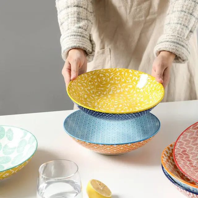 Alt view image 6 of 7 - Porcelain 40oz Large Bowls 9 inch Big Pasta Salad Bowls, Microwave and Oven Safe, Colorful, Set of 6