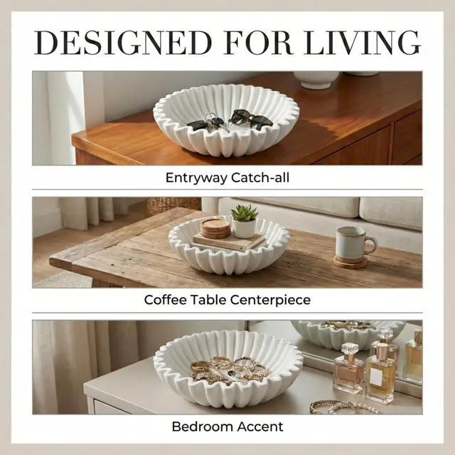 Alt view image 5 of 7 - Large Decorative Bowl - White Decorative Bowls for Home Decor - Organic Modern Home Decor Bowl - Concrete Ruffle Bowl Decor - Fluted Bowl - Scalloped Bowl