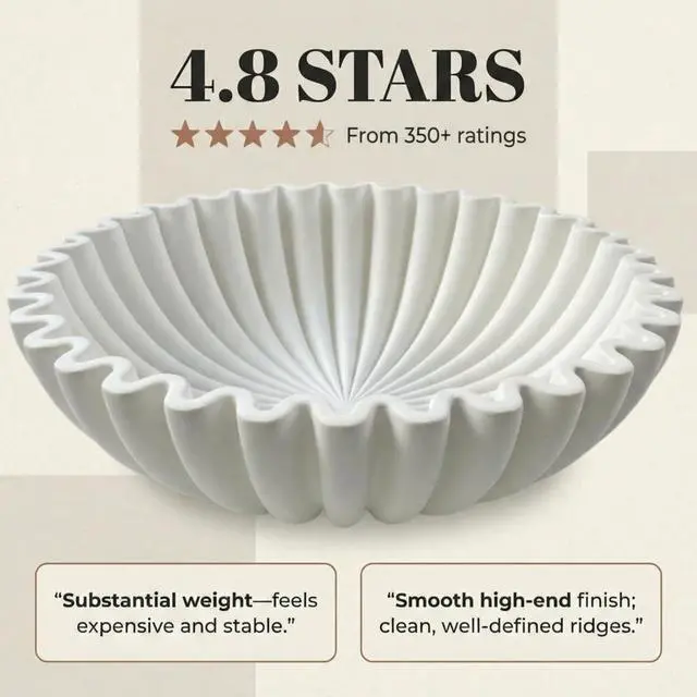 Alt view image 6 of 7 - Large Decorative Bowl - White Decorative Bowls for Home Decor - Organic Modern Home Decor Bowl - Concrete Ruffle Bowl Decor - Fluted Bowl - Scalloped Bowl