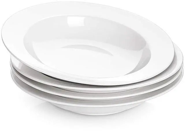 Main image of Soup and Pasta Bowls Set of 4, White Porcelain Wide Rim Salad Plates, 20 Ounces, Microwave & Dishwasher Safe