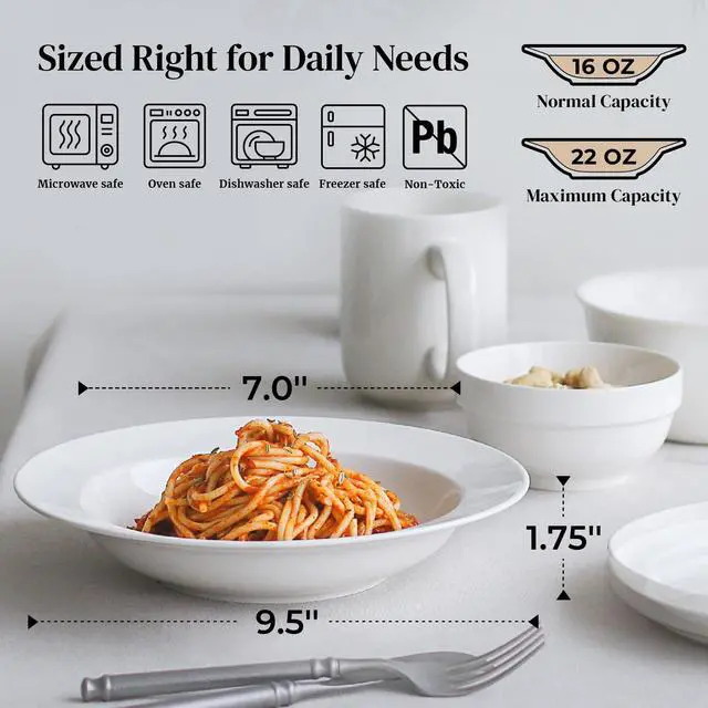 Alt view image 2 of 7 - Soup and Pasta Bowls Set of 4, White Porcelain Wide Rim Salad Plates, 20 Ounces, Microwave & Dishwasher Safe