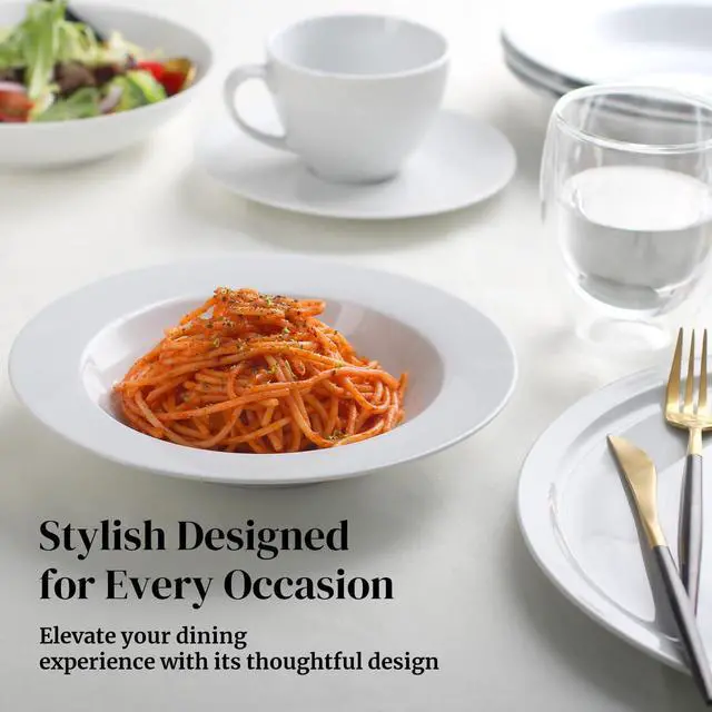 Alt view image 5 of 7 - Soup and Pasta Bowls Set of 4, White Porcelain Wide Rim Salad Plates, 20 Ounces, Microwave & Dishwasher Safe