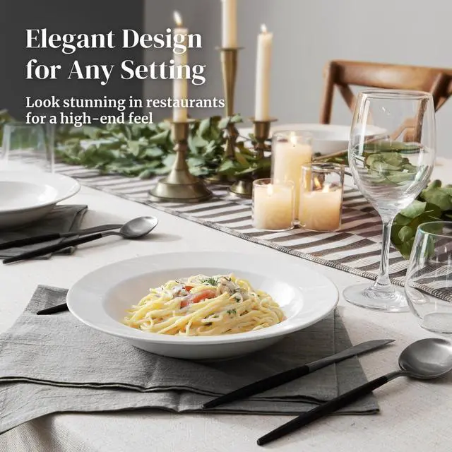 Alt view image 3 of 7 - Soup and Pasta Bowls Set of 4, White Porcelain Wide Rim Salad Plates, 20 Ounces, Microwave & Dishwasher Safe