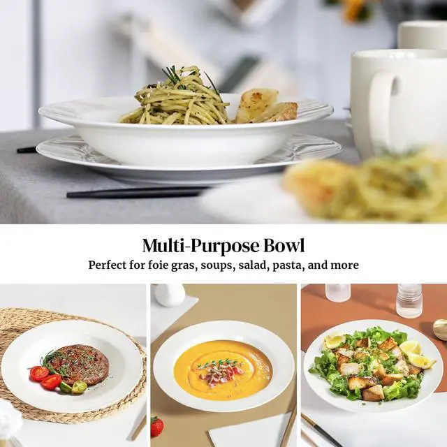 Alt view image 4 of 7 - Soup and Pasta Bowls Set of 4, White Porcelain Wide Rim Salad Plates, 20 Ounces, Microwave & Dishwasher Safe