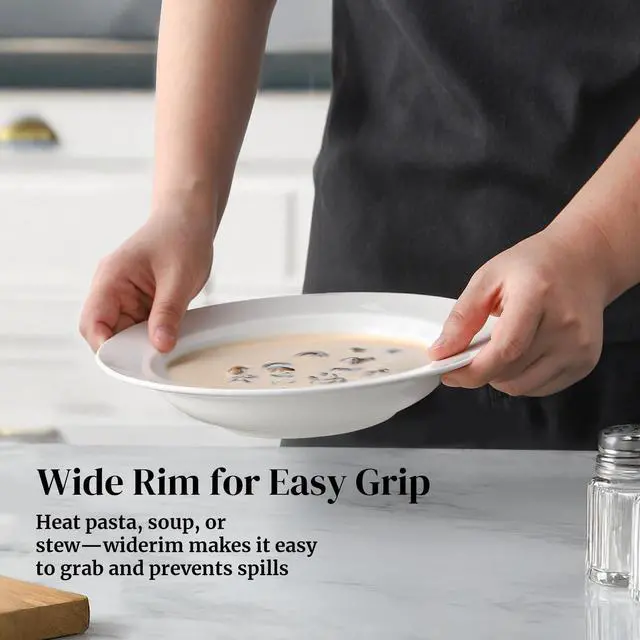 Alt view image 6 of 7 - Soup and Pasta Bowls Set of 4, White Porcelain Wide Rim Salad Plates, 20 Ounces, Microwave & Dishwasher Safe