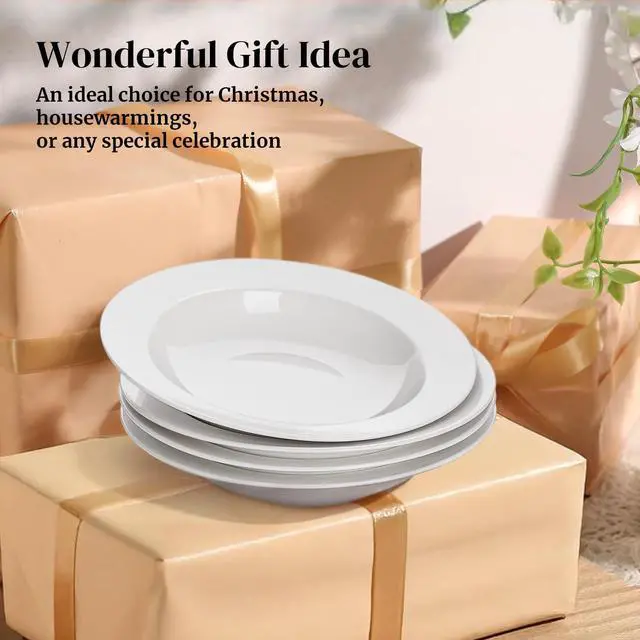 Alt view image 7 of 7 - Soup and Pasta Bowls Set of 4, White Porcelain Wide Rim Salad Plates, 20 Ounces, Microwave & Dishwasher Safe