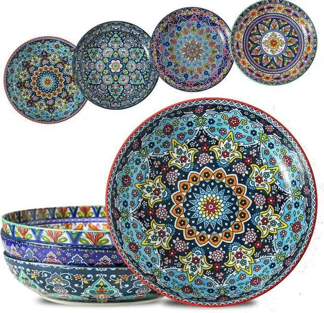 Main image of Pasta Bowls Set of 4, 42 oz Ceramic Salad Bowls for Kitchen, 9.7 Inch Colorful Serving Bowls for Soup, Dinner, Fruit, Dishwasher & Microwave Safe, Bohemian