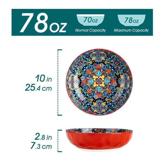 Alt view image 2 of 7 - Large Serving Bowls, 78 Oz Extra Large Salad Bowls Set of 2, Bohemian Decorative Bowls for Salad, Fruit, Pasta and Dinner, Serving Dishes Set for Party, Dishwasher & Microwave SafeRed