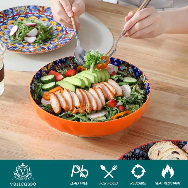 Alt view image 3 of 7 - Large Serving Bowls, 78 Oz Extra Large Salad Bowls Set of 2, Bohemian Decorative Bowls for Salad, Fruit, Pasta and Dinner, Serving Dishes Set for Party, Dishwasher & Microwave SafeRed
