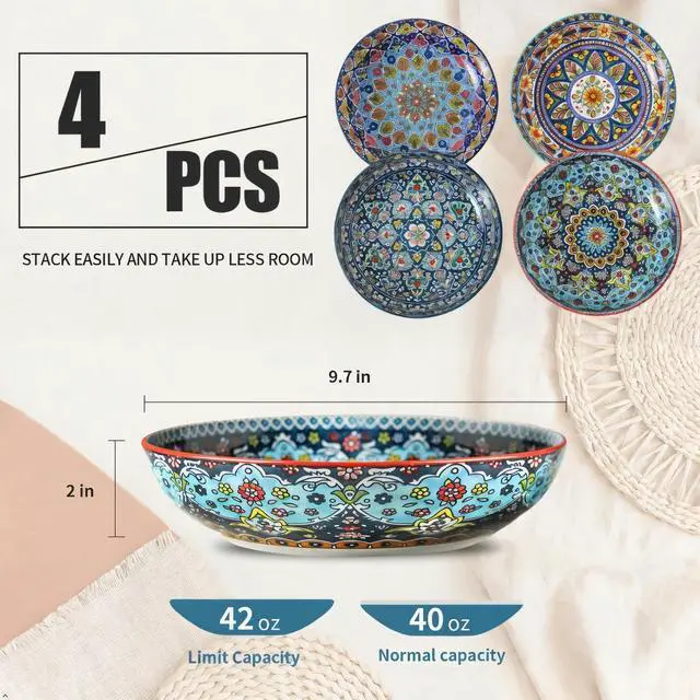 Alt view image 5 of 7 - Pasta Bowls Set of 4, 42 oz Ceramic Salad Bowls for Kitchen, 9.7 Inch Colorful Serving Bowls for Soup, Dinner, Fruit, Dishwasher & Microwave Safe, Bohemian