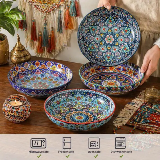 Alt view image 4 of 7 - Pasta Bowls Set of 4, 42 oz Ceramic Salad Bowls for Kitchen, 9.7 Inch Colorful Serving Bowls for Soup, Dinner, Fruit, Dishwasher & Microwave Safe, Bohemian
