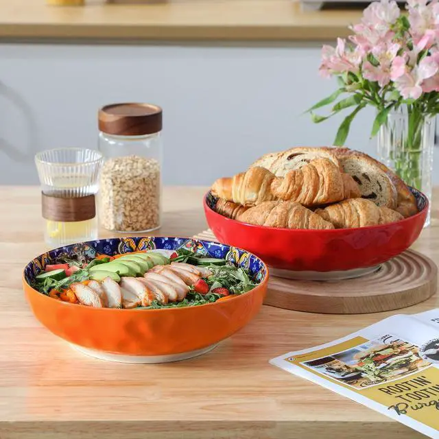 Alt view image 6 of 7 - Large Serving Bowls, 78 Oz Extra Large Salad Bowls Set of 2, Bohemian Decorative Bowls for Salad, Fruit, Pasta and Dinner, Serving Dishes Set for Party, Dishwasher & Microwave SafeRed