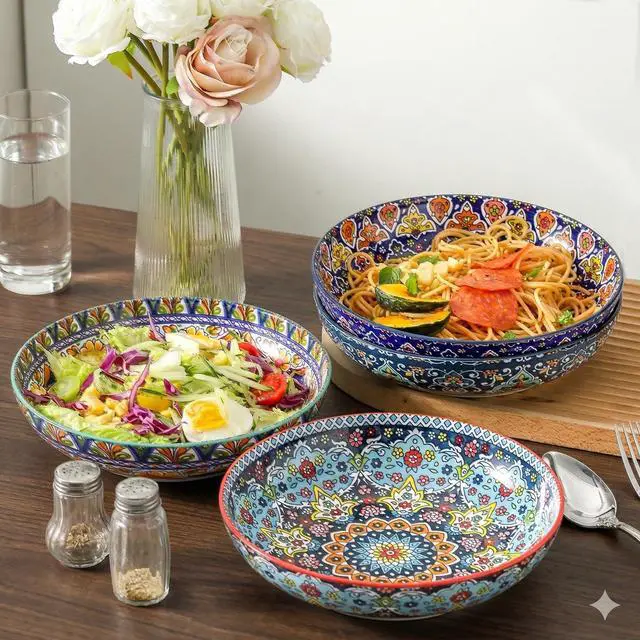 Alt view image 6 of 7 - Pasta Bowls Set of 4, 42 oz Ceramic Salad Bowls for Kitchen, 9.7 Inch Colorful Serving Bowls for Soup, Dinner, Fruit, Dishwasher & Microwave Safe, Bohemian