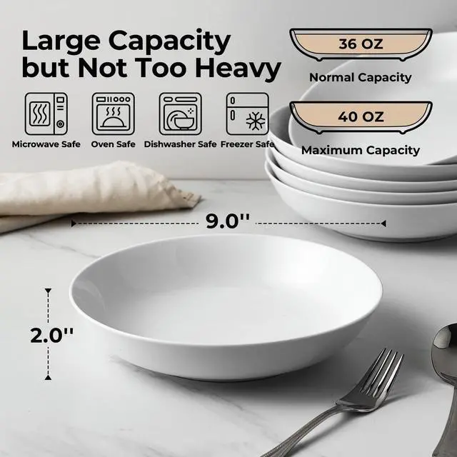 Alt view image 2 of 7 - 9" Pasta Bowls, 40oz Large Salad Bowls Set of 6, Wide Shallow Ceramic Bowls for Serving Soup, White Dinner Plates Set for Kitchen, Microwave Dishwasher Safe