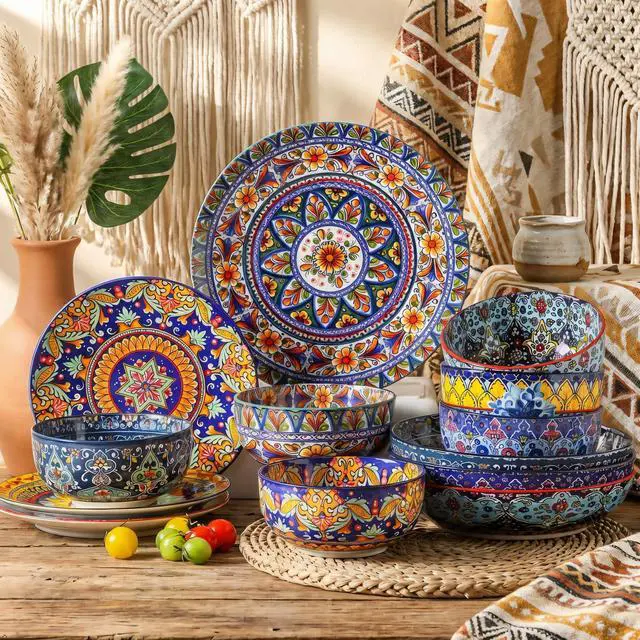 Alt view image 7 of 7 - Pasta Bowls Set of 4, 42 oz Ceramic Salad Bowls for Kitchen, 9.7 Inch Colorful Serving Bowls for Soup, Dinner, Fruit, Dishwasher & Microwave Safe, Bohemian