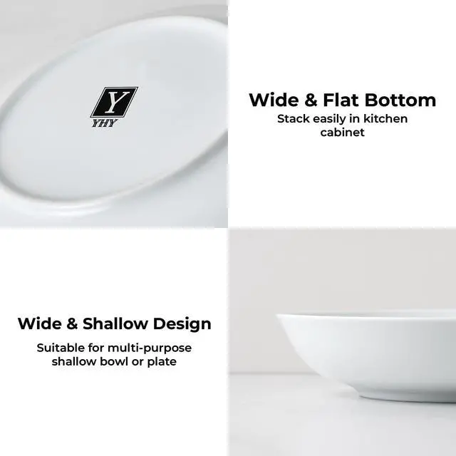 Alt view image 5 of 7 - 9" Pasta Bowls, 40oz Large Salad Bowls Set of 6, Wide Shallow Ceramic Bowls for Serving Soup, White Dinner Plates Set for Kitchen, Microwave Dishwasher Safe