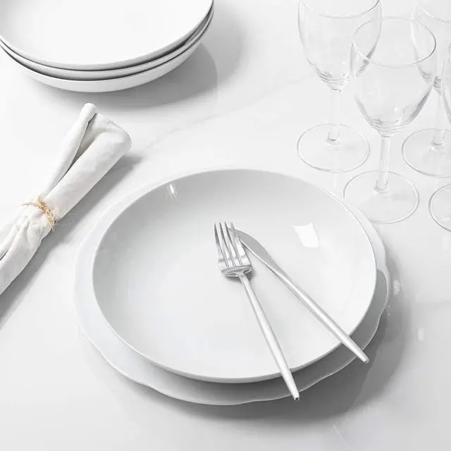 Alt view image 7 of 7 - 9" Pasta Bowls, 40oz Large Salad Bowls Set of 6, Wide Shallow Ceramic Bowls for Serving Soup, White Dinner Plates Set for Kitchen, Microwave Dishwasher Safe