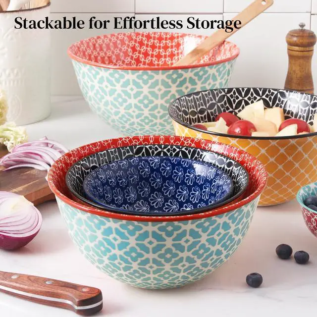 Alt view image 5 of 7 - Mixing Bowls, Ceramic Mixing Bowls for Kitchen, Colorful Vibrant Nesting Bowls for Cooking, Baking, Prepping, Serving, Salad, Housewarming Gift, Microwave Dishwasher Safe, 3.7/2/1 Qt, Set of 3