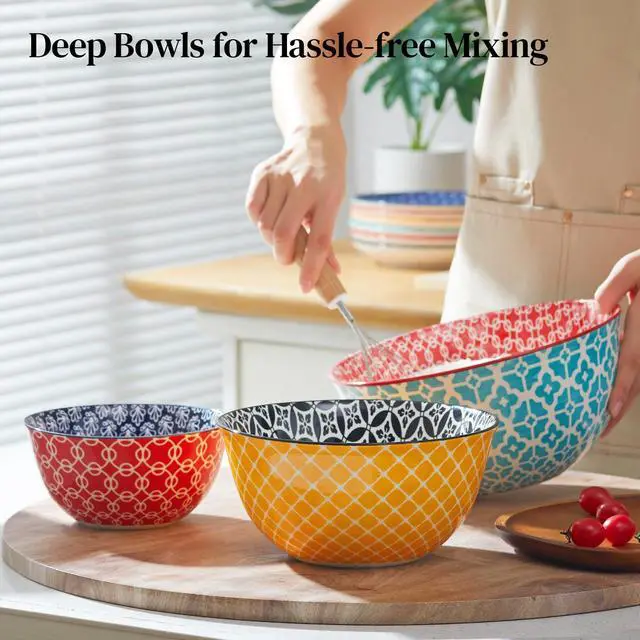 Alt view image 3 of 7 - Mixing Bowls, Ceramic Mixing Bowls for Kitchen, Colorful Vibrant Nesting Bowls for Cooking, Baking, Prepping, Serving, Salad, Housewarming Gift, Microwave Dishwasher Safe, 3.7/2/1 Qt, Set of 3