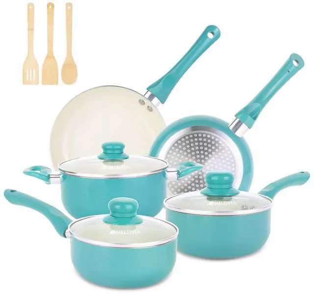 Main image of Pots and Pans Set Nonstick, 11pcs Kitchen Cookware Sets Induction Cookware, Ceramic Non Stick Cooking Set, Stay Cool Handle & Bamboo Kitchen Utensils, 100% PFOA Free, Turquoise