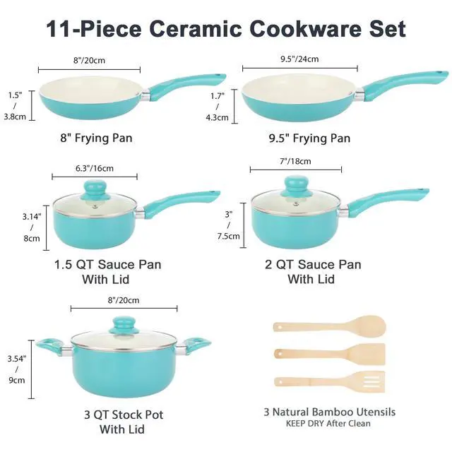 Alt view image 2 of 6 - Pots and Pans Set Nonstick, 11pcs Kitchen Cookware Sets Induction Cookware, Ceramic Non Stick Cooking Set, Stay Cool Handle & Bamboo Kitchen Utensils, 100% PFOA Free, Turquoise
