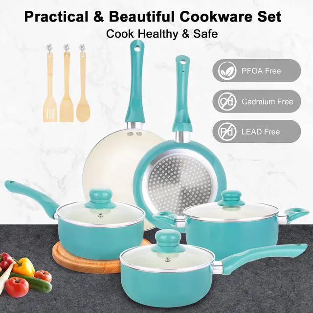 Alt view image 6 of 6 - Pots and Pans Set Nonstick, 11pcs Kitchen Cookware Sets Induction Cookware, Ceramic Non Stick Cooking Set, Stay Cool Handle & Bamboo Kitchen Utensils, 100% PFOA Free, Turquoise