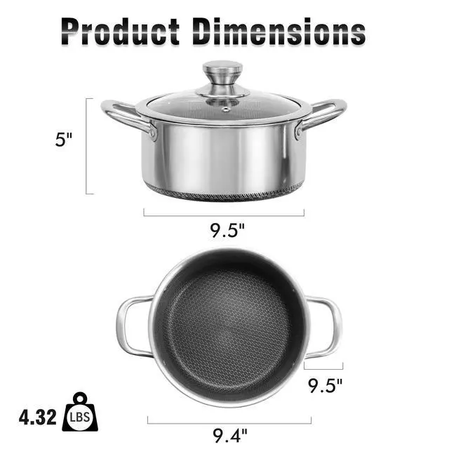 Alt view image 2 of 7 - Hybrid Nonstick 6 Quart Stainless Steel Stockpot with Glass Lid, Induction Stock Pot with Honeycomb Carving, Non-stick Soup Pot Compatible with All Cooktops, Non-Toxic, Dishwasher & Oven Safe