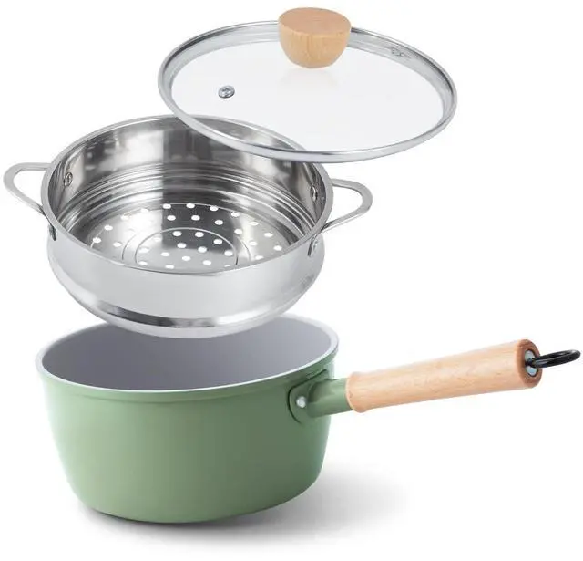 Main image of Ceramic Nonstick Sauce Pan, 3 QT Pot with Steamer, Non Toxic & PFAS-Free, Wooden Handle for Cool Touch, Universal Base(Gas, Electric & Induction), Green