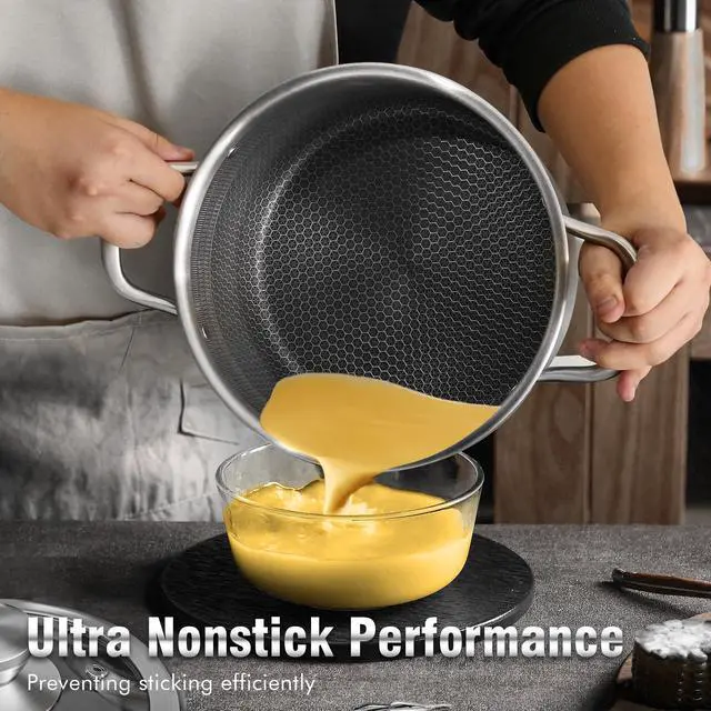 Alt view image 4 of 7 - Hybrid Nonstick 6 Quart Stainless Steel Stockpot with Glass Lid, Induction Stock Pot with Honeycomb Carving, Non-stick Soup Pot Compatible with All Cooktops, Non-Toxic, Dishwasher & Oven Safe