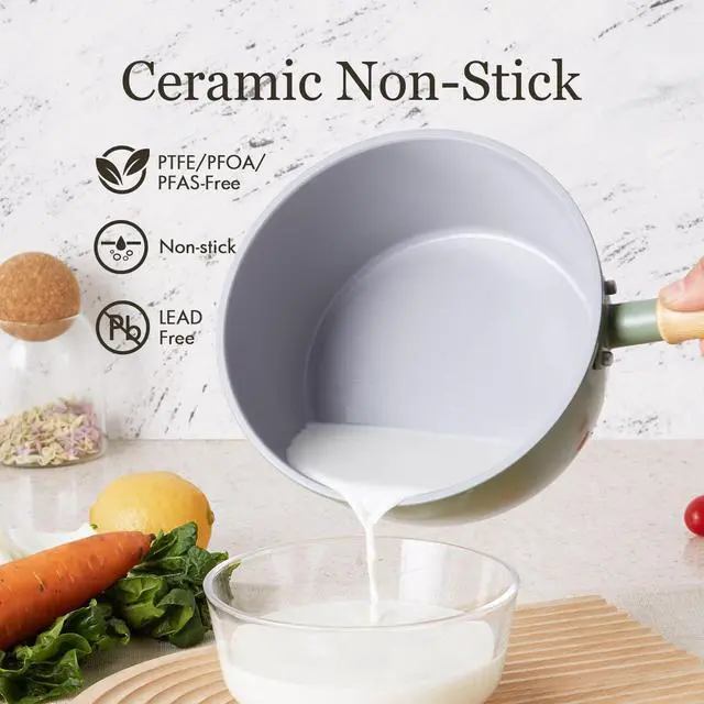 Alt view image 2 of 7 - Ceramic Nonstick Sauce Pan, 3 QT Pot with Steamer, Non Toxic & PFAS-Free, Wooden Handle for Cool Touch, Universal Base(Gas, Electric & Induction), Green