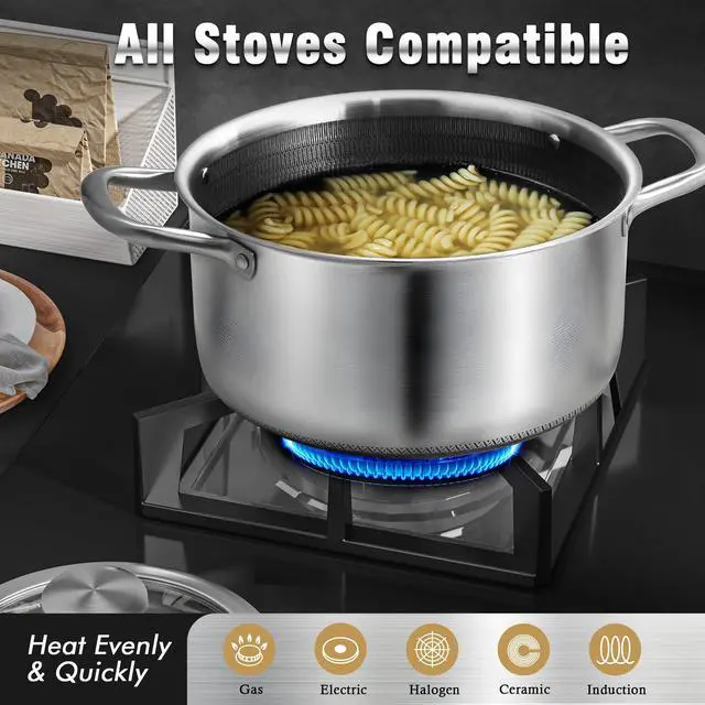 Alt view image 5 of 7 - Hybrid Nonstick 6 Quart Stainless Steel Stockpot with Glass Lid, Induction Stock Pot with Honeycomb Carving, Non-stick Soup Pot Compatible with All Cooktops, Non-Toxic, Dishwasher & Oven Safe