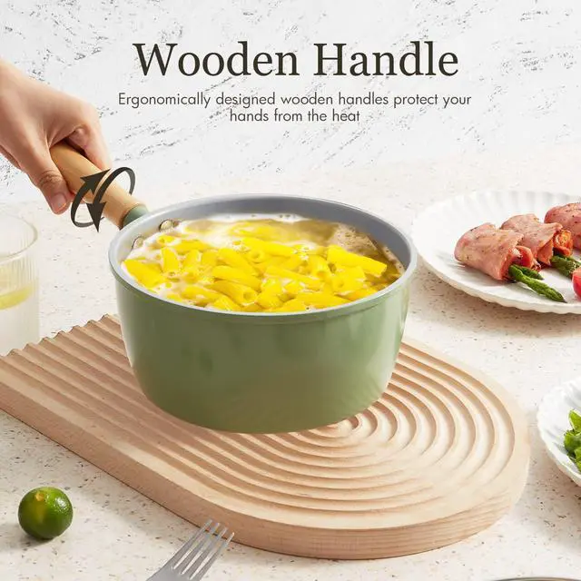 Alt view image 4 of 7 - Ceramic Nonstick Sauce Pan, 3 QT Pot with Steamer, Non Toxic & PFAS-Free, Wooden Handle for Cool Touch, Universal Base(Gas, Electric & Induction), Green