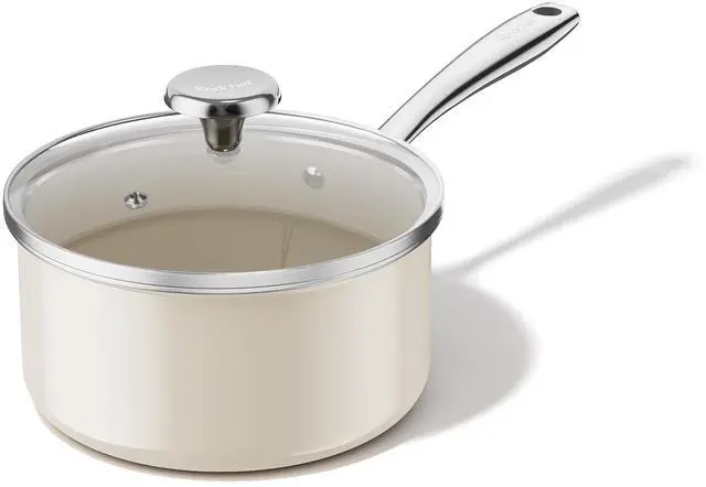 Main image of Nonstick Ceramic Sauce Pan With Lid, 3.5QT Small Cooking Pot with Stay-Cool Handle, Kitchen Non Toxic Soup Pot, PTFE & PFOA Free, Oven & Dishwasher Safe, Compatible with All Stovetops-Beige