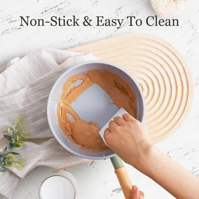 Alt view image 5 of 7 - Ceramic Nonstick Sauce Pan, 3 QT Pot with Steamer, Non Toxic & PFAS-Free, Wooden Handle for Cool Touch, Universal Base(Gas, Electric & Induction), Green