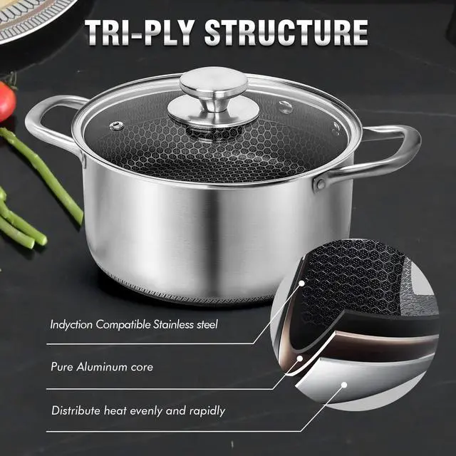 Alt view image 7 of 7 - Hybrid Nonstick 6 Quart Stainless Steel Stockpot with Glass Lid, Induction Stock Pot with Honeycomb Carving, Non-stick Soup Pot Compatible with All Cooktops, Non-Toxic, Dishwasher & Oven Safe