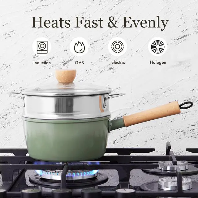 Alt view image 6 of 7 - Ceramic Nonstick Sauce Pan, 3 QT Pot with Steamer, Non Toxic & PFAS-Free, Wooden Handle for Cool Touch, Universal Base(Gas, Electric & Induction), Green