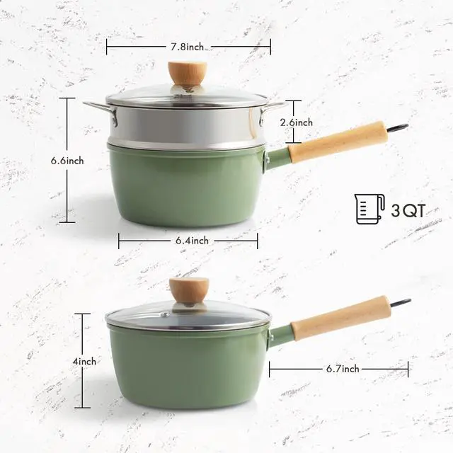 Alt view image 7 of 7 - Ceramic Nonstick Sauce Pan, 3 QT Pot with Steamer, Non Toxic & PFAS-Free, Wooden Handle for Cool Touch, Universal Base(Gas, Electric & Induction), Green